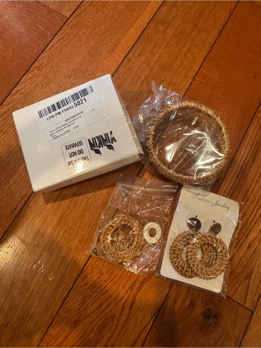 3-Piece Boho Rattan Jewelry Set (Earrings, Necklace & Bracelet) – New in Box